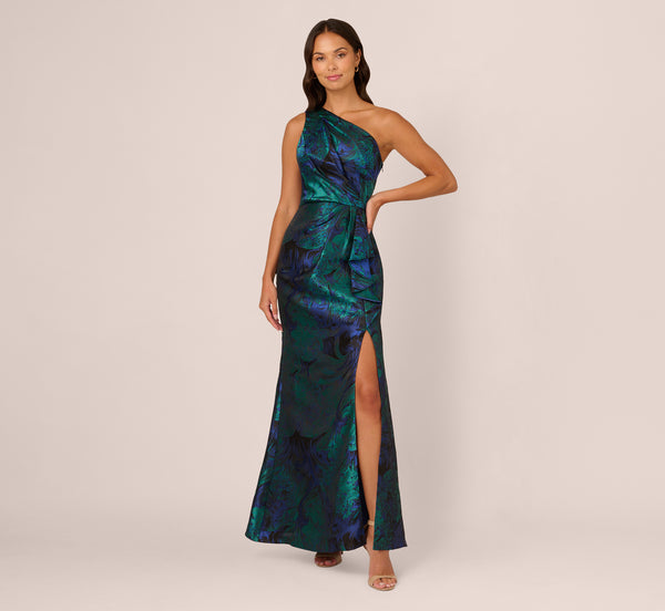 Adrianna Papell One Shoulder Jacquard Mermaid Gown With Drape Detail In Cobalt Teal