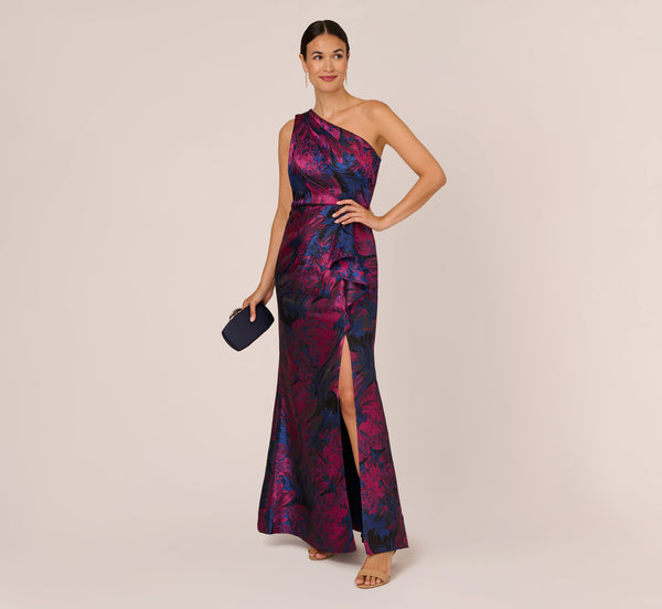 Adrianna Papell One Shoulder Jacquard Mermaid Gown With Drape Detail In Navy Orchid