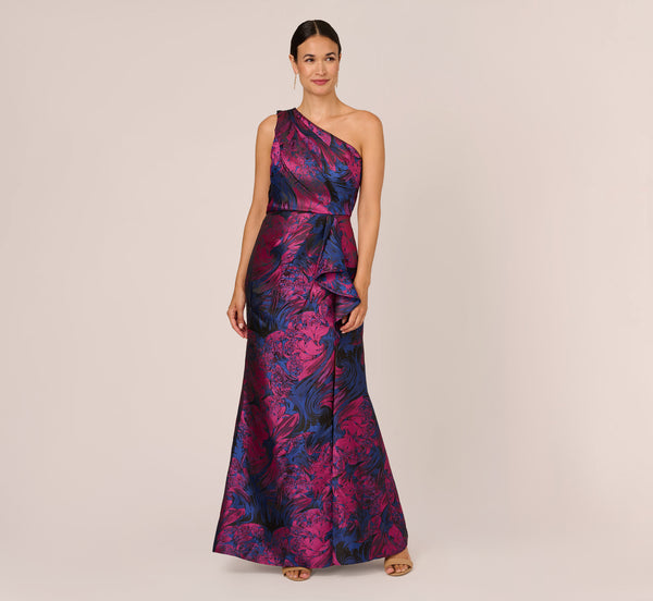 Adrianna Papell One Shoulder Jacquard Mermaid Gown With Drape Detail In Navy Orchid