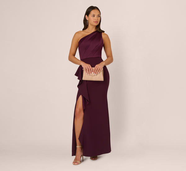 Adrianna Papell One-Shoulder Long Satin Crepe Mermaid Gown In Bordeaux Glow