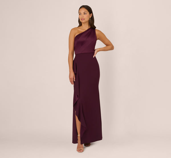 Adrianna Papell One-Shoulder Long Satin Crepe Mermaid Gown In Bordeaux Glow