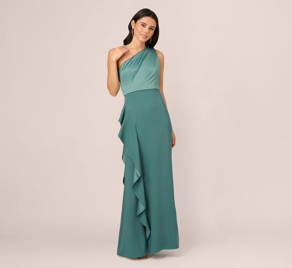 Adrianna Papell One-Shoulder Long Satin Crepe Mermaid Gown In Green Slate
