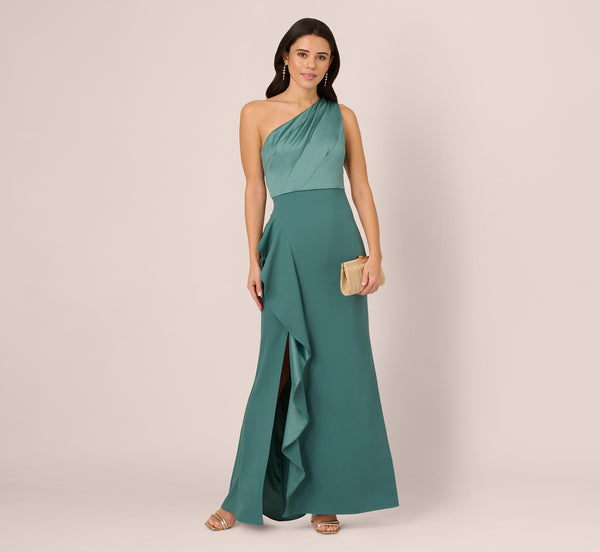 adrianna papell One-Shoulder Long Satin Crepe Mermaid Gown In Green Slate