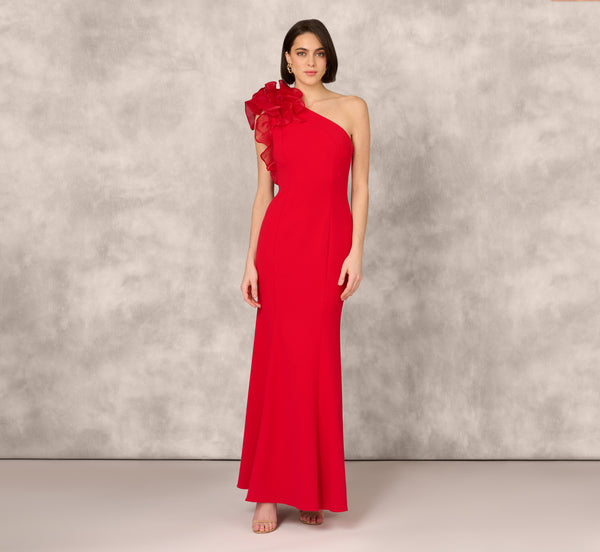 Adrianna Papell One Shoulder Mermaid Dress With Organza Sleeve In Red