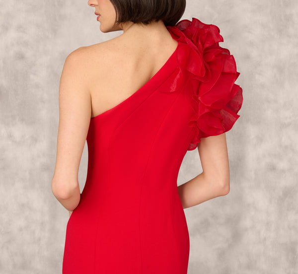 Adrianna Papell One Shoulder Mermaid Dress With Organza Sleeve In Red