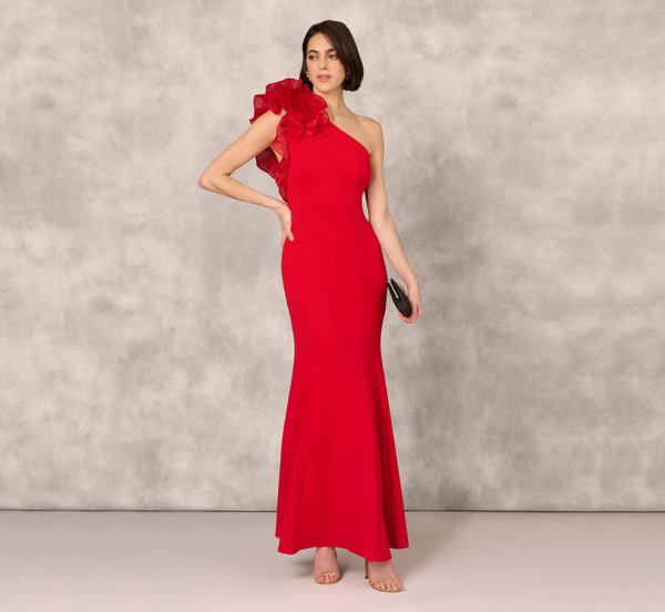 adrianna papell One Shoulder Mermaid Dress With Organza Sleeve In Red