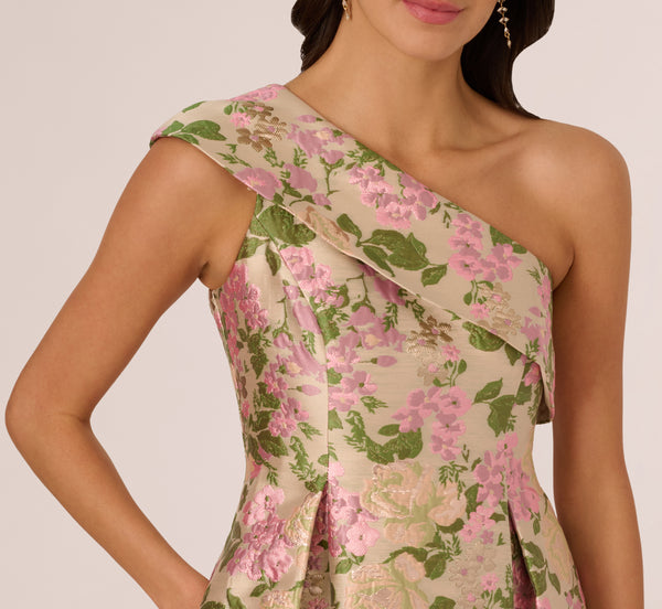 Adrianna Papell One Shoulder Metallic Floral Jacquard High Low Gown In Pink Green Multi