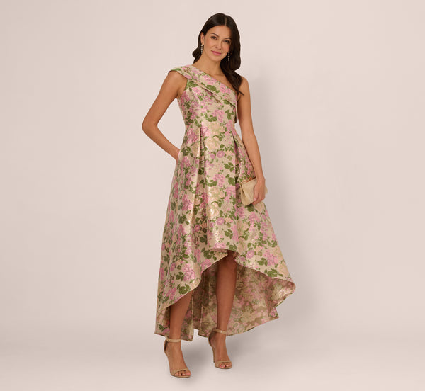 adrianna papell One Shoulder Metallic Floral Jacquard High Low Gown In Pink Green Multi