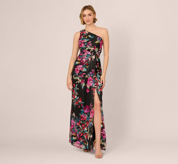 Adrianna Papell One Shoulder Metallic Floral Stripe Gown In Black Multi