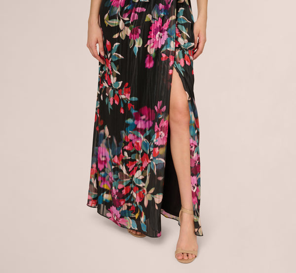 Adrianna Papell One Shoulder Metallic Floral Stripe Gown In Black Multi