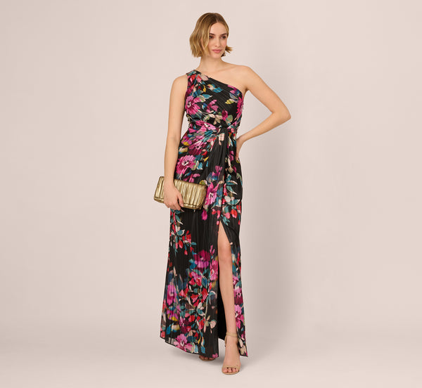 adrianna papell One Shoulder Metallic Floral Stripe Gown In Black Multi