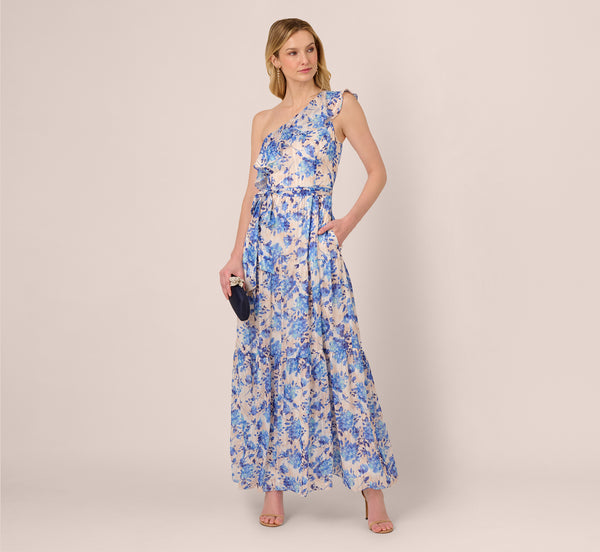 Adrianna Papell One Shoulder Metallic Stripe Floral Maxi Dress In Champagne Blue Multi