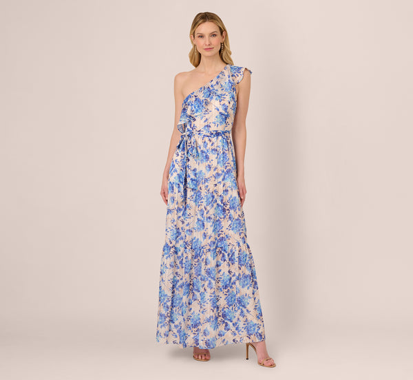 Adrianna Papell One Shoulder Metallic Stripe Floral Maxi Dress In Champagne Blue Multi