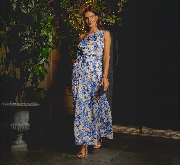 adrianna papell One Shoulder Metallic Stripe Floral Maxi Dress In Champagne Blue Multi