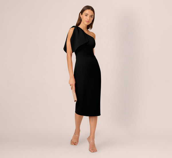 Adrianna Papell One Shoulder Midi Dress With Bow Accent In Black