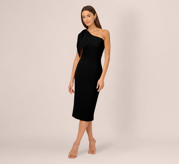 Adrianna Papell One Shoulder Midi Dress With Bow Accent In Black