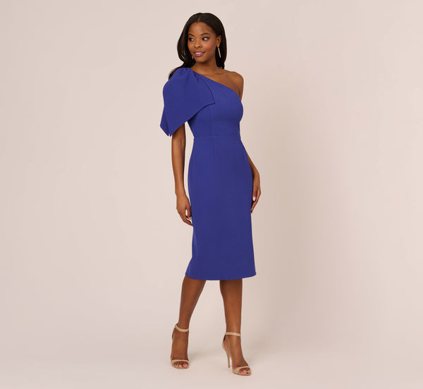 Adrianna Papell One Shoulder Midi Dress With Bow Accent In Disco Indigo