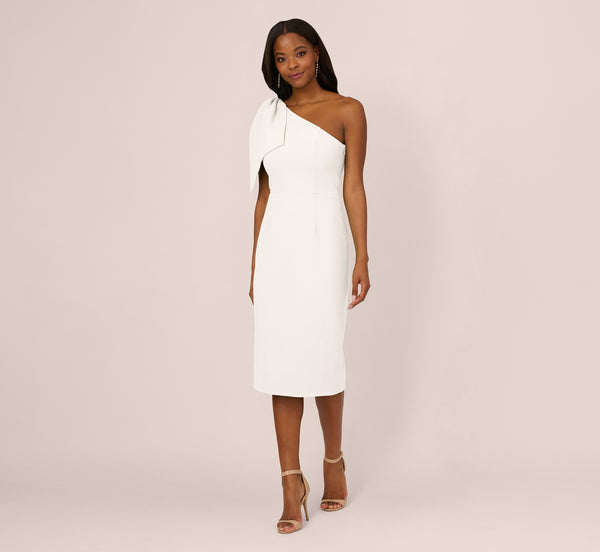 Adrianna Papell One Shoulder Midi Dress With Bow Accent In Ivory