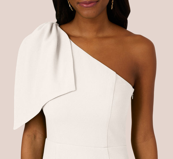 Adrianna Papell One Shoulder Midi Dress With Bow Accent In Ivory