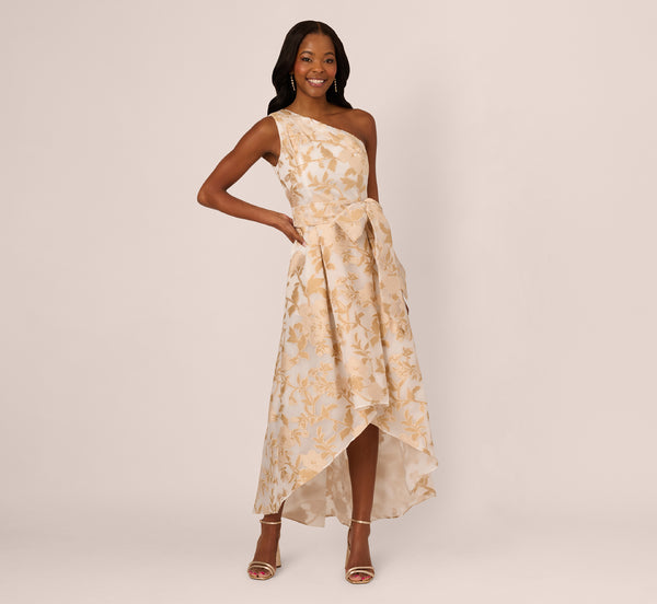 Adrianna Papell One Shoulder Organza Jacquard High Low Gown In Champagne Ivory