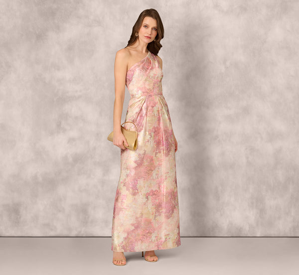 Adrianna Papell One Shoulder Pleated Jacquard Column Gown In Pink Multi