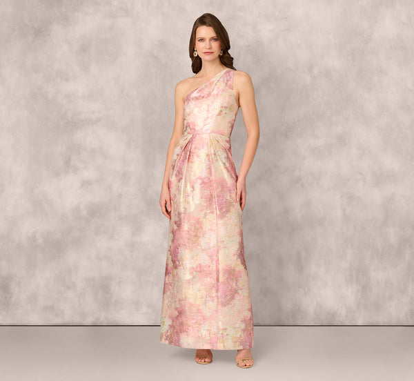 Adrianna Papell One Shoulder Pleated Jacquard Column Gown In Pink Multi