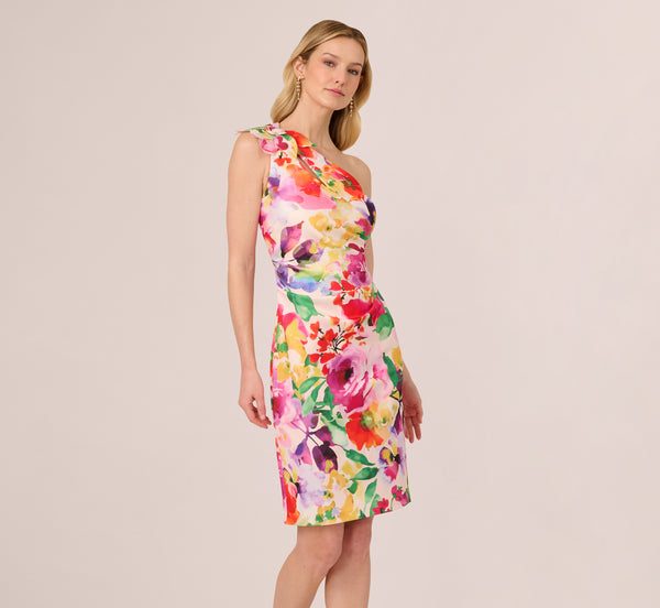 Adrianna Papell One Shoulder Rosette Floral Sheath Dress In Pink Multi
