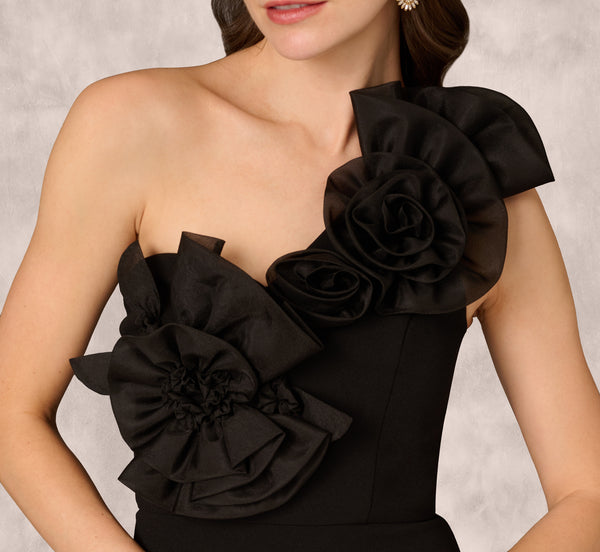 Adrianna Papell One Shoulder Rosette Midi Sheath Dress In Black