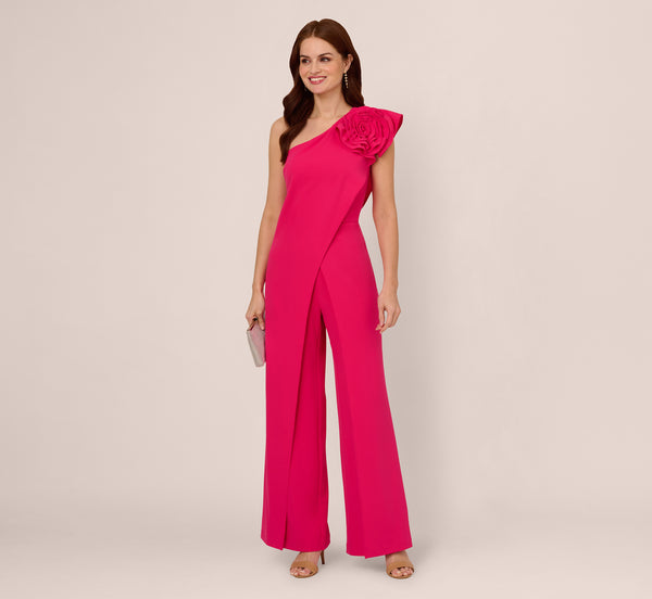Adrianna Papell One Shoulder Rosette Overlay Jumpsuit In Geranium