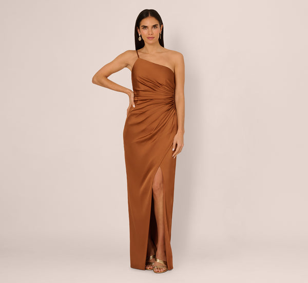 Adrianna Papell One Shoulder Ruched Satin Gown In Cinnamon