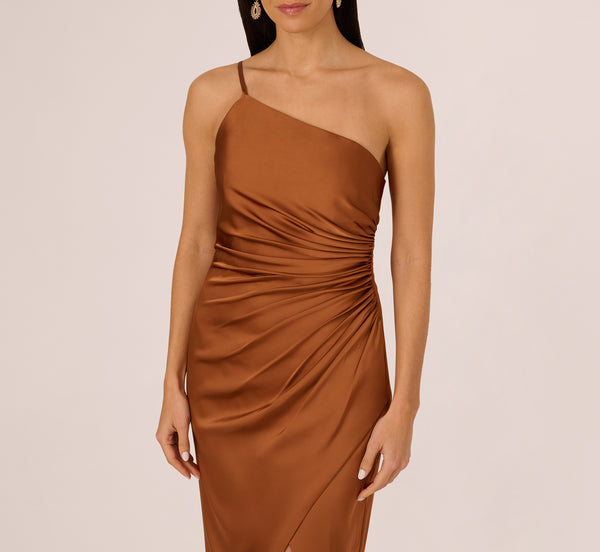 Adrianna Papell One Shoulder Ruched Satin Gown In Cinnamon