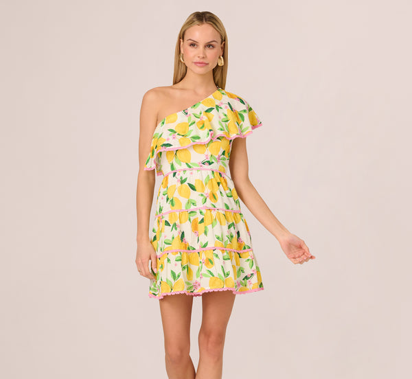 Adrianna Papell One Shoulder Ruffle Lemon Print Mini Dress In White Multi