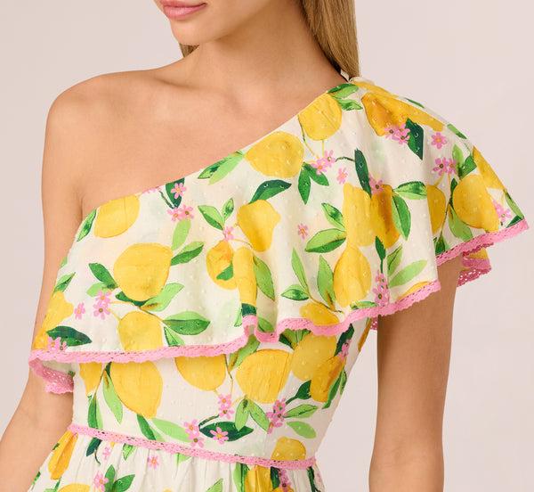 Adrianna Papell One Shoulder Ruffle Lemon Print Mini Dress In White Multi