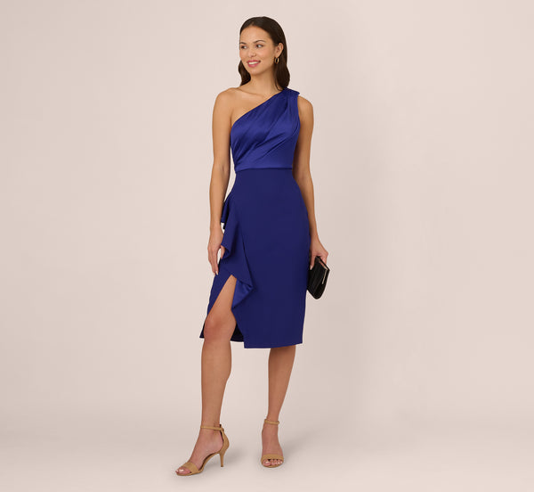 Adrianna Papell One Shoulder Ruffle Midi Sheath Dress In Dark Blue Violet