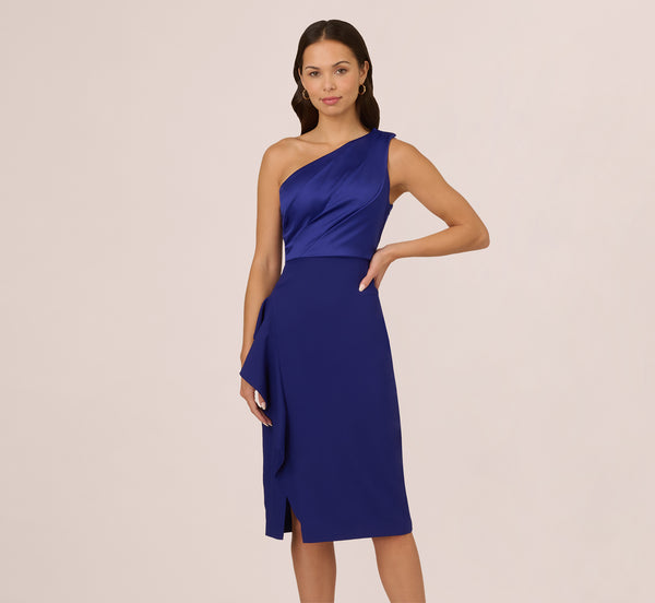 Adrianna Papell One Shoulder Ruffle Midi Sheath Dress In Dark Blue Violet