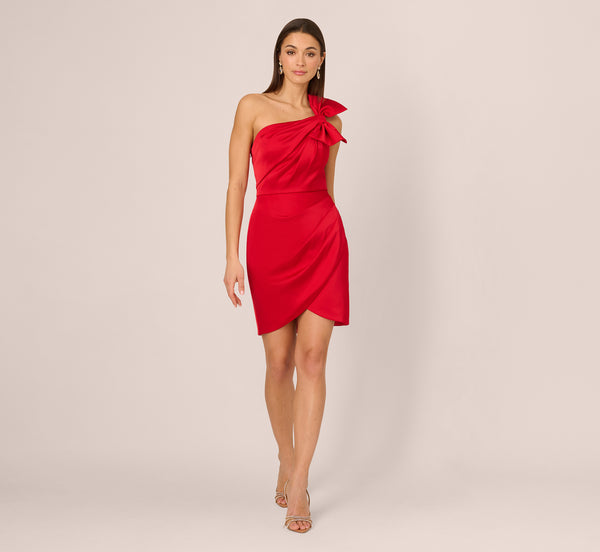 Adrianna Papell One Shoulder Satin Bow Cocktail Dress In Hot Pepper