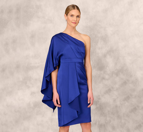 Adrianna Papell One-Shoulder Satin Draped Sheath Dress With Crepe Back And Cape In Royal Sapphire