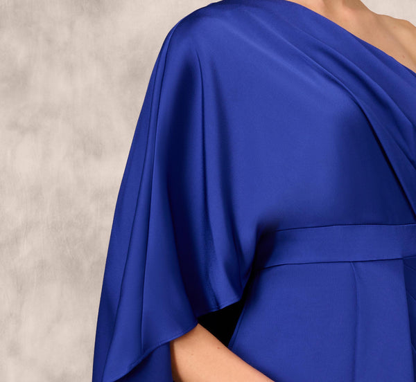 Adrianna Papell One-Shoulder Satin Draped Sheath Dress With Crepe Back And Cape In Royal Sapphire
