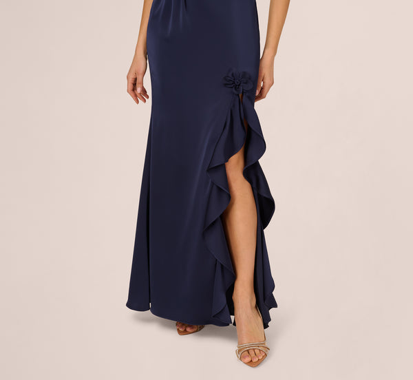 Adrianna Papell One Shoulder Satin Floral Applique Gown In Dark Navy