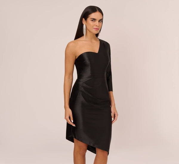 Adrianna Papell One Shoulder Satin Midi Dress With Three-Quarter Sleeve In Black