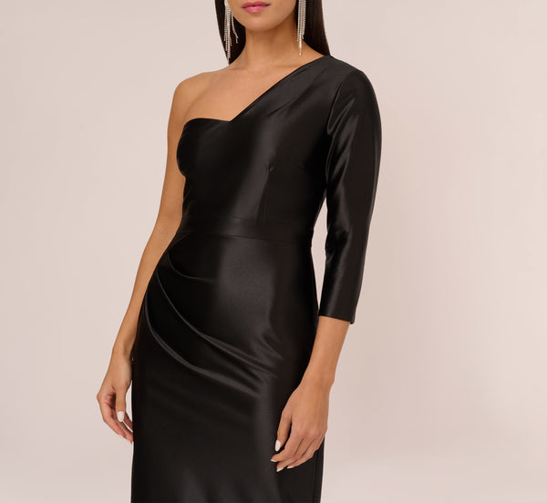Adrianna Papell One Shoulder Satin Midi Dress With Three-Quarter Sleeve In Black