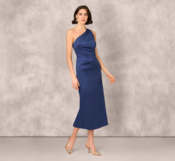 Adrianna Papell One Shoulder Satin Pleat Midi Dress In Navy