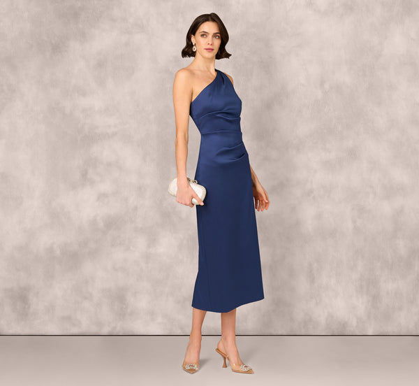 adrianna papell One Shoulder Satin Pleat Midi Dress In Navy