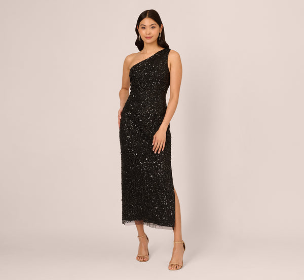 Adrianna Papell One Shoulder Sequin Beaded Ankle Length Dress In Black