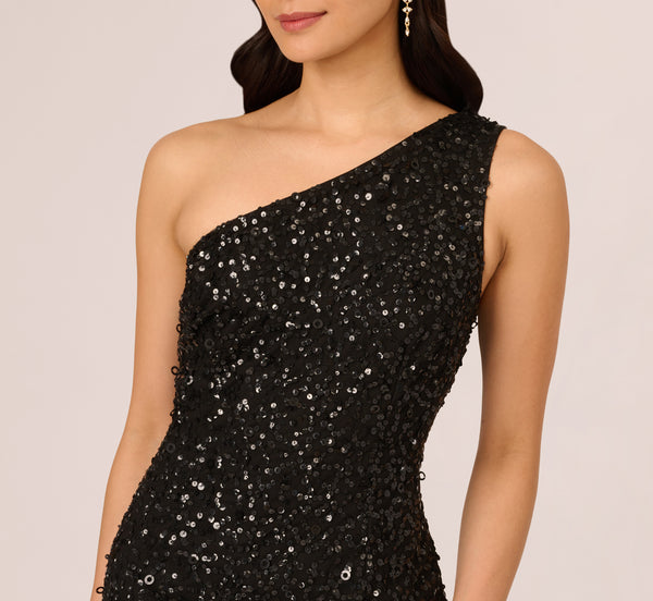 Adrianna Papell One Shoulder Sequin Beaded Ankle Length Dress In Black