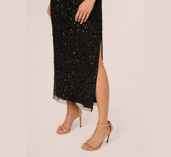 Adrianna Papell One Shoulder Sequin Beaded Ankle Length Dress In Black