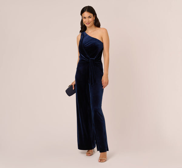 adrianna papell One Shoulder Velvet Jumpsuit With Draped Accent In Midnight