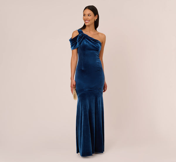 Adrianna Papell One Shoulder Velvet Mermaid Gown With Drape Sleeve In Ocean Wave