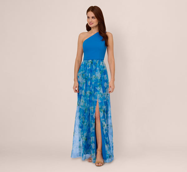 Adrianna Papell One Shoulder Watercolor Combo Gown In Blue Multi