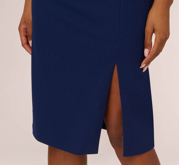 Adrianna Papell One Sleeve Sheath Dress With Bow Neckline In Navy Sateen